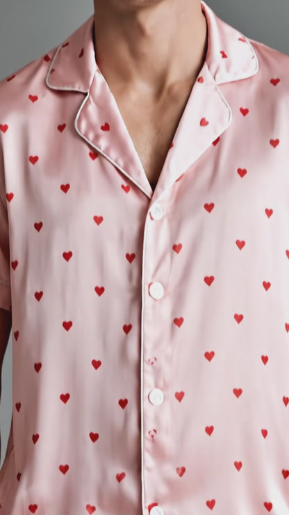 PJ-111-Unisex Men Women Pink Ditsy Heart Print Satin Pajamas Romantic Valentine Loungewear Sleepwear Nightwear Pjs Set