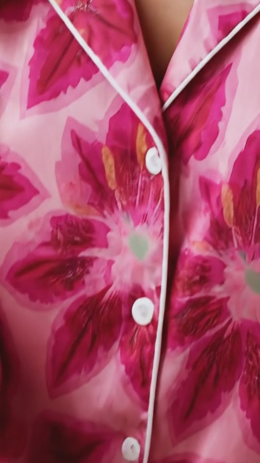 PJ-223-Lily Pure Mulberry Silk Pajama Set, Pink Floral Blossom Print Botanical Loungewear Sleepwear Collection