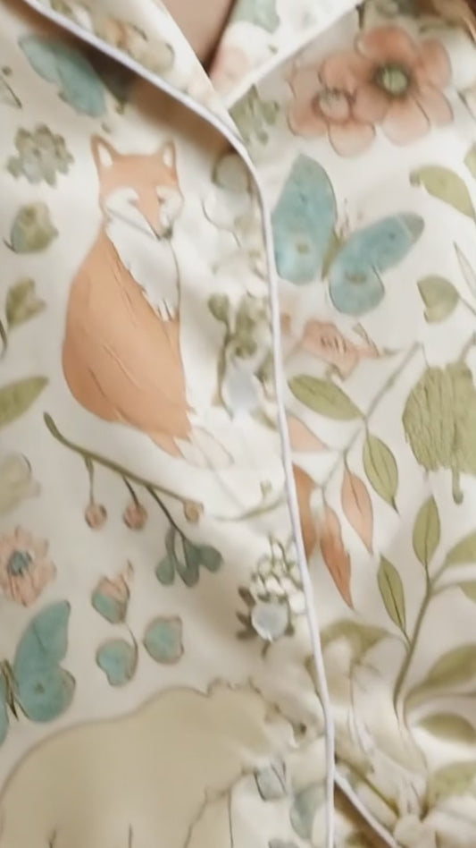 PJ-194-Woodland Fox Satin Pajama Set With Floral Leaf Print And Matching Sleepwear Bottoms