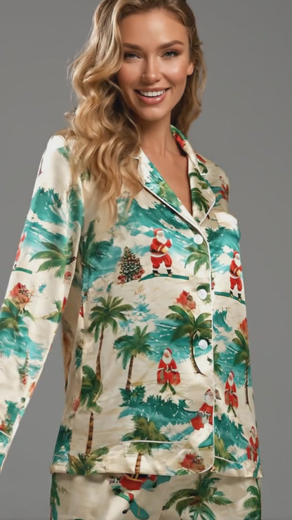 PJ-090-Unisex Christmas Tropical Santa Palm Tree Satin Pajama Set with High Quality Holiday Beach Print