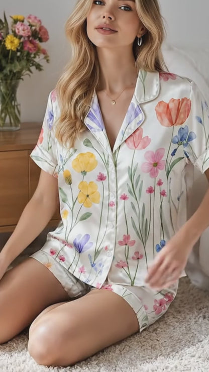 PJ-265-Satin Colorful Watercolor Floral White Piping Button Up Pajama Set