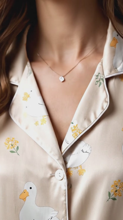 PJ-139-Unisex Cream Satin Pajama Set with White Duck Pattern Button Down Shirt and Pants
