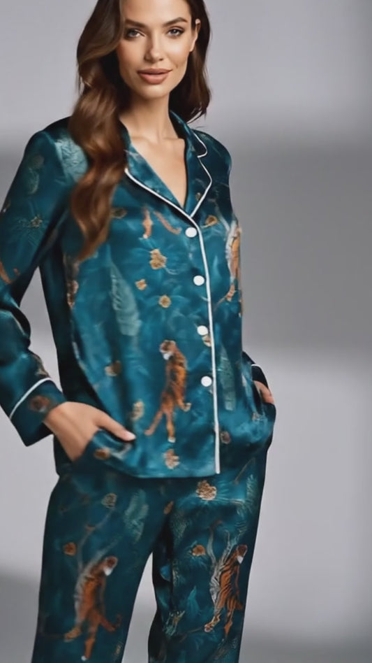 PJ-058-Satin Teal Exotic Jungle White Piping Button Up Pajama Set