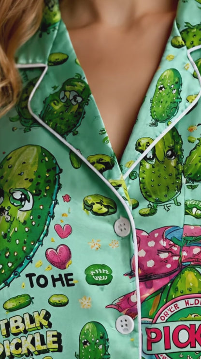 PJ-243-Funny Pickle Satin Pajama Set With Button Up Shirt And Elastic Waist Matching Bottoms
