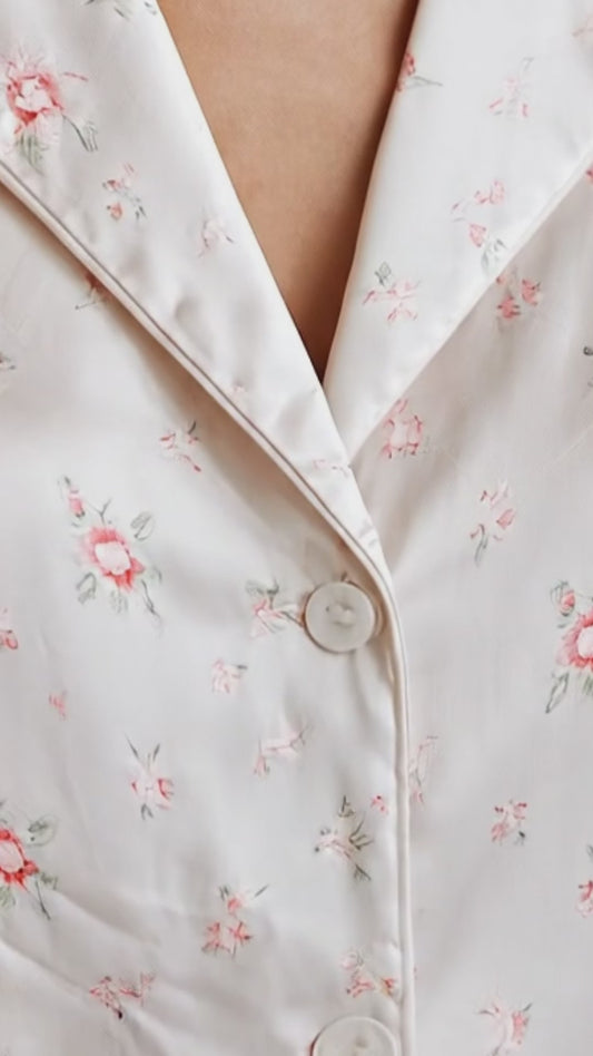 PJ-161-Satin White Ditsy Rose Classic Piping Button Up Pajama Set