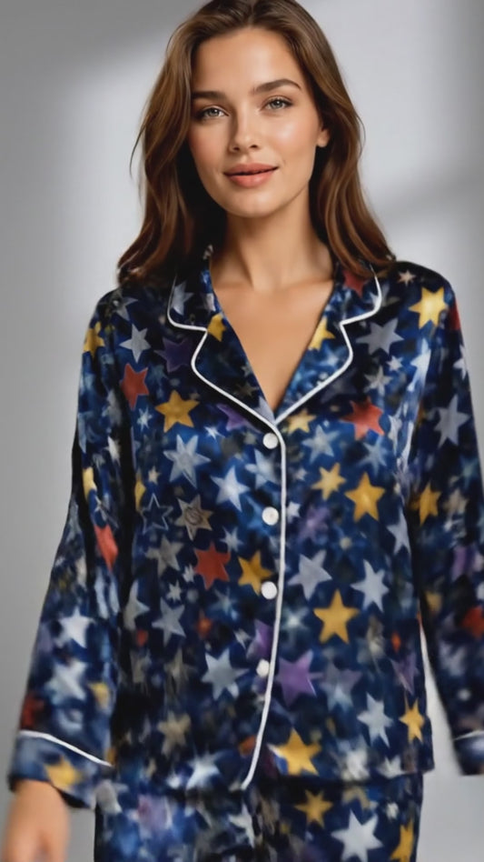 PJ-085-Unisex Star Pajama Set with Colorful Celestial Star Pattern and Matching Sleepwear