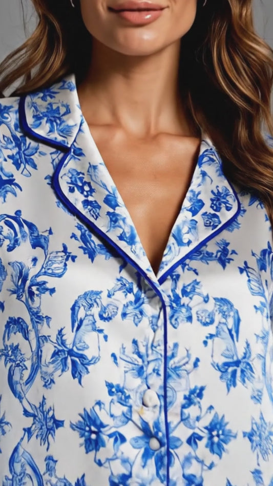 PJ-060-Satin White Porcelain Floral Blue Piping Button Up Pajama Set
