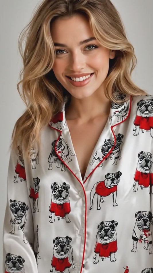 PJ-096-Unisex Bulldog Red Sweater Satin Pajama Set with High Quality Dog Illustration Print