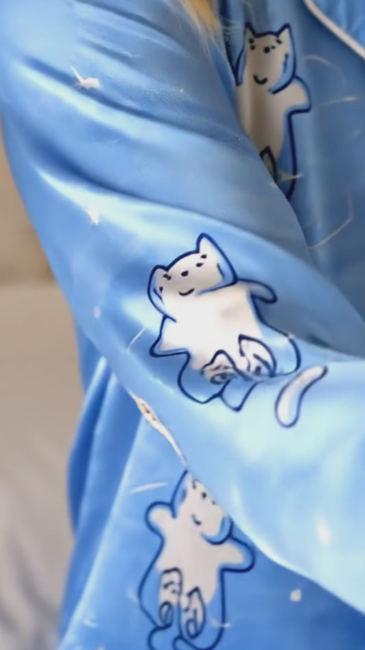 PJ-157-Satin Sky Blue Celestial Kitty White Piping Button Up Pajama Set