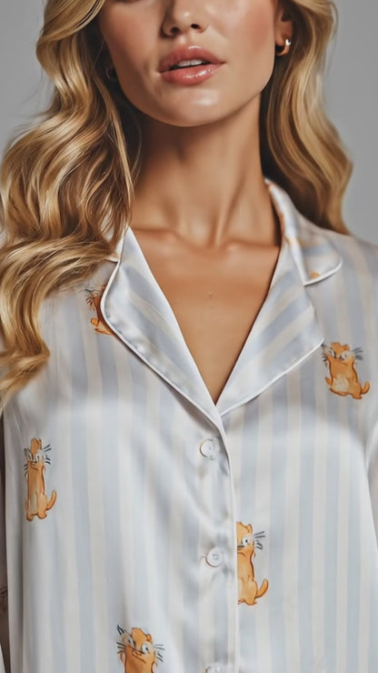 PJ-138-Cute Cat Blue Striped Pajama Set, Silky Satin PJs, Funny Cat Lover Gift, Bridal Party Sleepwear, Cozy Morning Loungewear