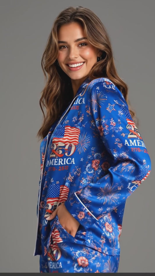 PJ-117-Patriotic Floral Satin Pajama Set With Colonial Drum Flag Print And Button Up Shirt