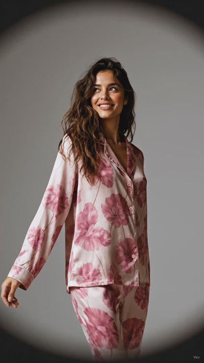 PJ-134-Romantic Floral Satin Pajama Set, Mauve Flower Button Up Nightwear, Cozy Matching Set