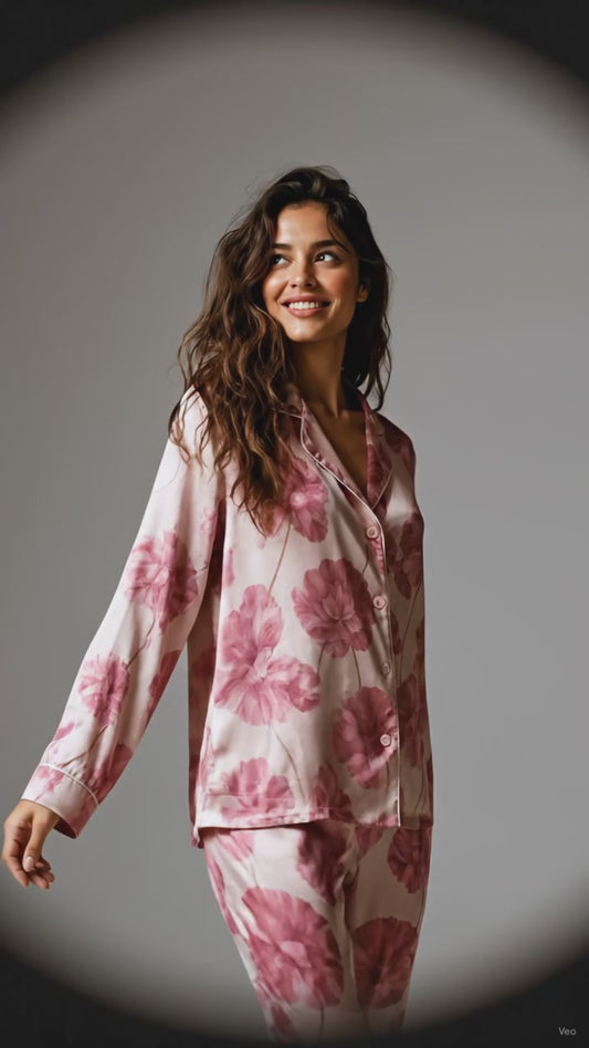 PJ-134-Romantic Floral Satin Pajama Set, Mauve Flower Button Up Nightwear, Cozy Matching Set