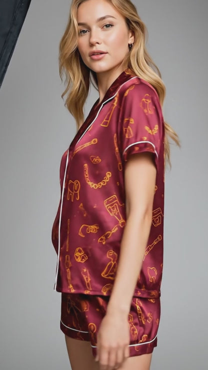 PJ-259-Burgundy Dental Hygiene Satin Pajama Set, Maroon Graphic Tooth Loungewear Sleepwear Collection Nightwear