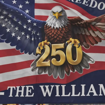 FLG-374-American Flag Bald Eagle Banner, 250 Years Freedom Independence Day Williams Family Home Decoration