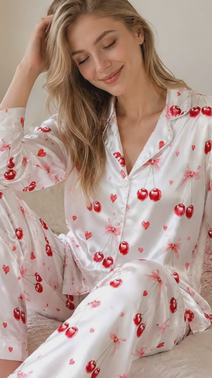 PJ-245-Sweet Cherry Heart Satin Pajama Set With Button Up Shirt And Matching Sleepwear Bottoms