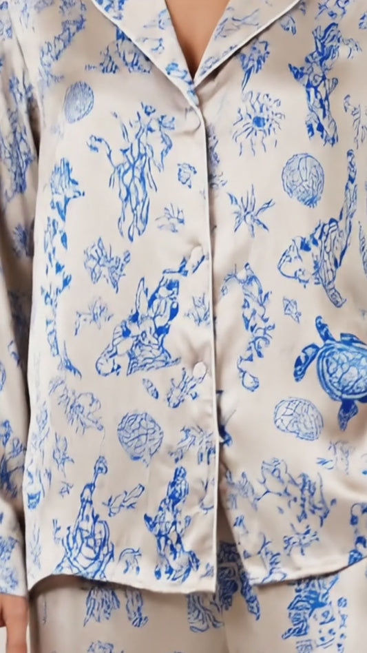 PJ-073-Satin Colorful Marine Life Classic Piping Button Up Pajama Set