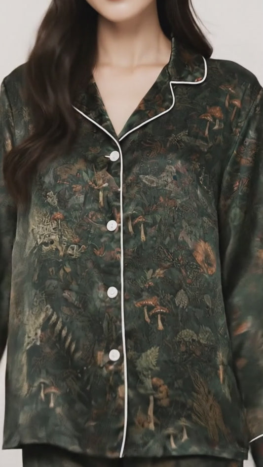 PJ-087-Forest Wildlife Pajama Set with Woodland Animals, Botanical Elements, and Natural Pattern Design