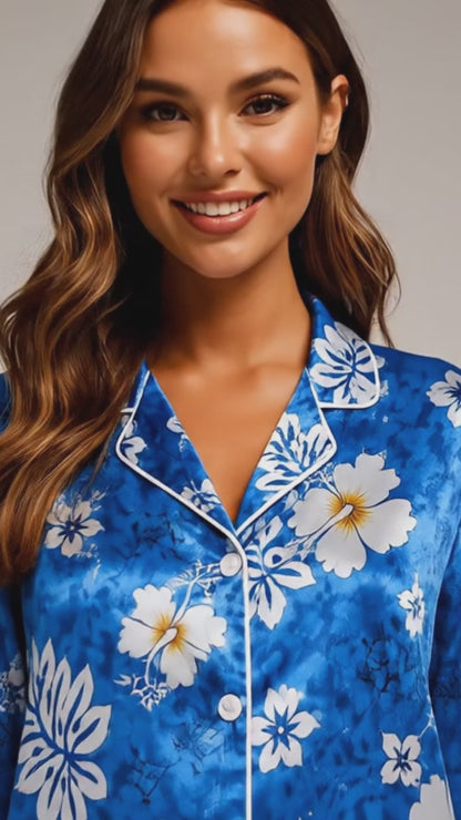 PJ-044-Satin Blue Floral White Piping Button Up Pajama Set