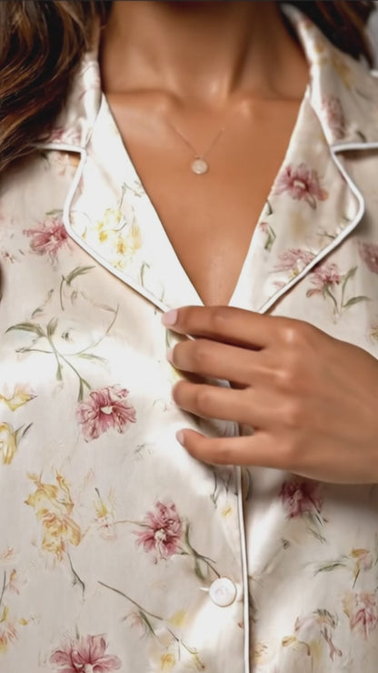 PJ-108-Pink Ditsy Floral Print Satin Pajamas Wildflower Cottagecore Loungewear Sleepwear Nightwear Pjs Two Piece Set