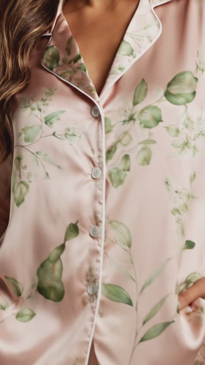 PJ-121-Unisex Eucalyptus Leaves Print Satin Pajamas Botanical Loungewear Sleepwear Nightwear Blush Pink Pjs Two Piece Set