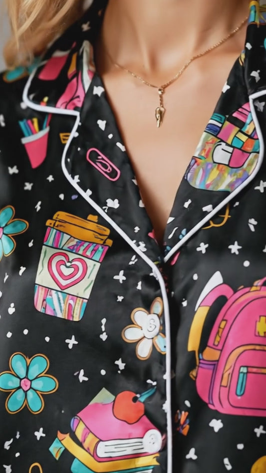 PJ-256-Back To School Printed Satin Pajama Set, Whimsical Notebook Smiley Unisex Sleepwear Lounge Coordinates
