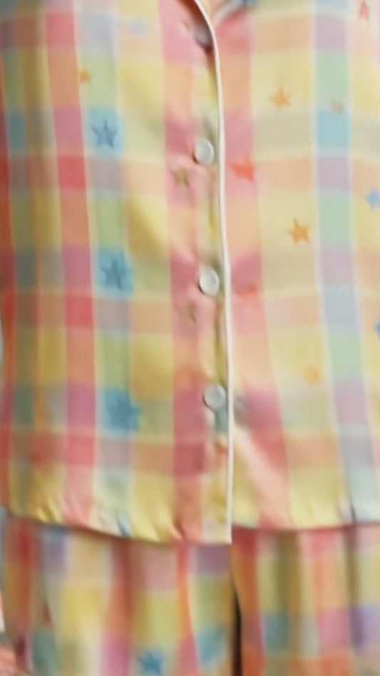 PJ-239-Rainbow Checkered Satin Sleepwear Star Pattern with Piping Details