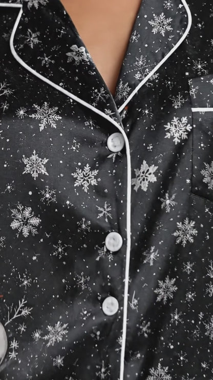 PJ-249-Black Snowman Snowflake Satin Pajama Set, Winter Holiday Graphic Loungewear Sleepwear Collection Outfit