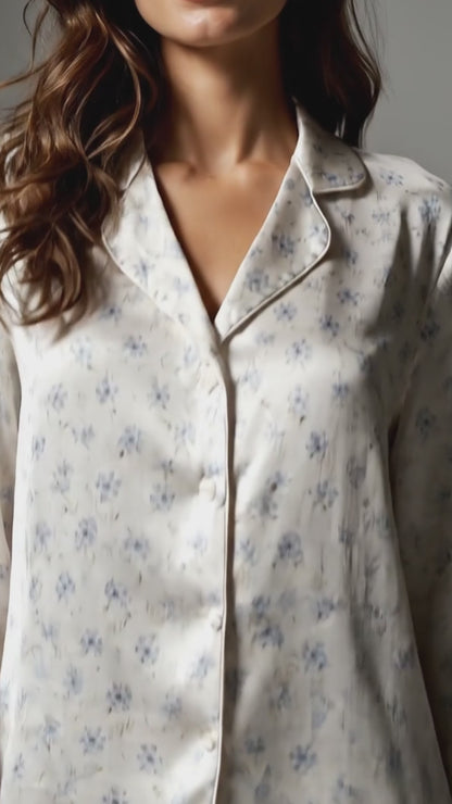 PJ-103-Couples Matching Satin Antique Botanical Pattern Pajamas French Country Bloom Theme Loungewear Sleepwear Nightwear Apparel Set