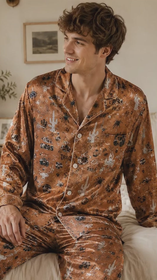 PJ-153-Brown Unisex Satin Taco Pattern Pajamas Mexican Food Theme Loungewear Sleepwear Nightwear Apparel Matching Set