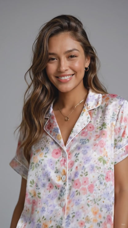 PJ-113-Pink Ditsy Floral Print Satin Pajamas Cottagecore Wildflower Loose Fit Loungewear Sleepwear Nightwear Pjs Clothing Set