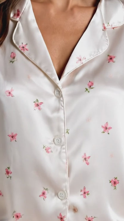 PJ-122-Women Ditsy Floral Print Satin Pajamas Tiny Blossom Loungewear Sleepwear Nightwear Pink White Pjs Two Piece Set