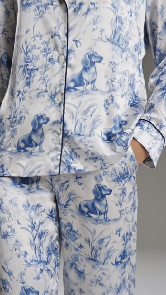 PJ-115-Satin Ivory Dachshund Toile Navy Piping Button Up Pajama Set