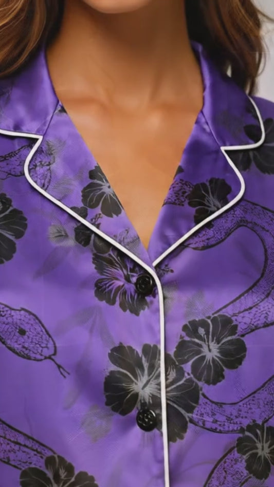 PJ-036-Satin Purple Floral Snake Button Up Pajama Set