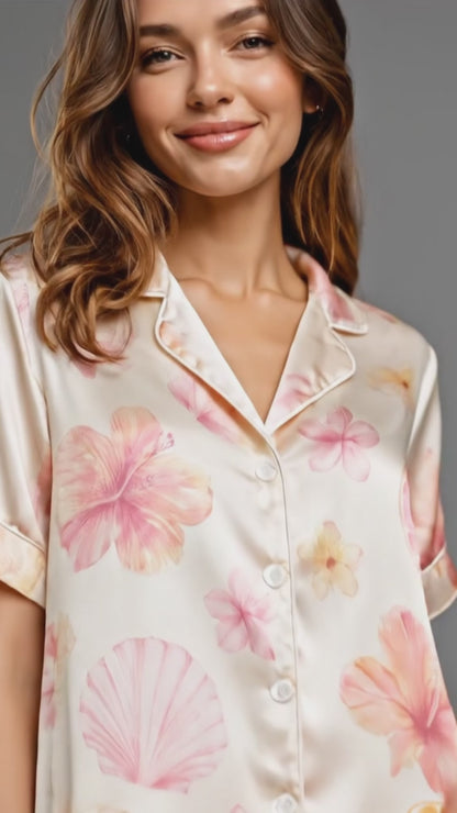 PJ-106-Satin Ivory Island Hibiscus Classic Piping Button Up Pajama Set