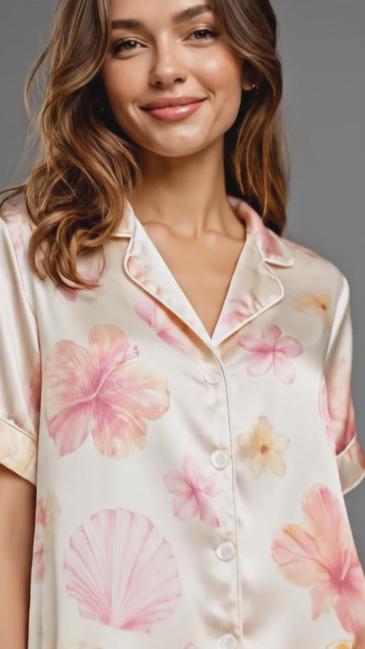 PJ-106-Satin Ivory Island Hibiscus Classic Piping Button Up Pajama Set