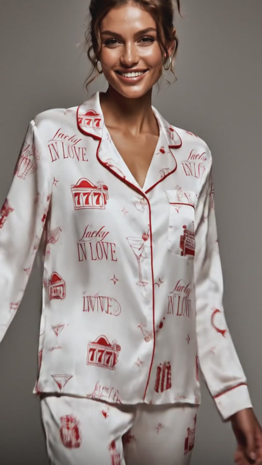 PJ-097-Vegas Inspired Satin Pajama Set, Red Lucky In Love Print, Soft Button Up Nightwear Gift