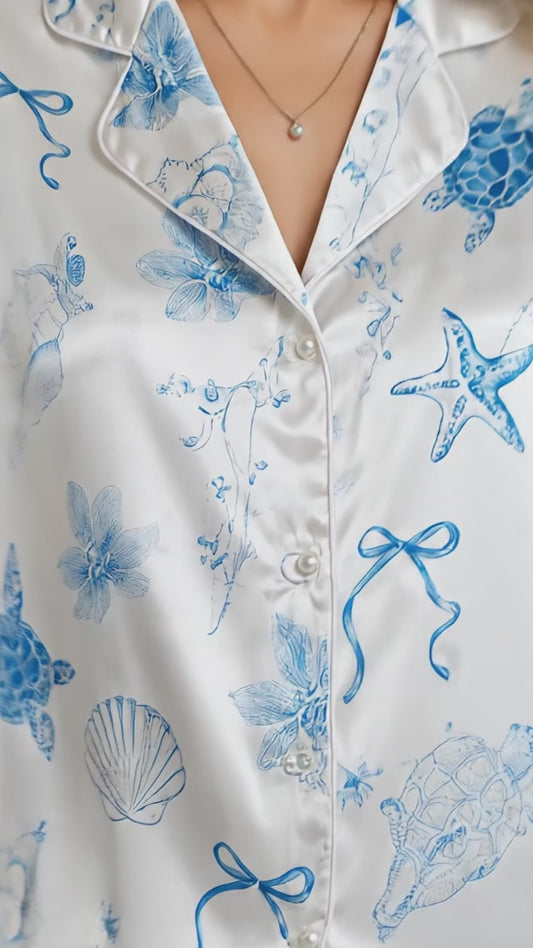 PJ-158-Satin White Watercolor Turtle Classic Piping Button Up Pajama Set